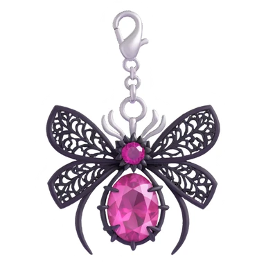 3D emoji style pink bow with gothic effect, black lace trim, silver spider charm, and deep magenta gemstone center sticker