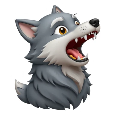 emoji of a wolf howling, head tilted upward with open mouth, small sound lines near the mouth to show the howling action, simple cartoon style sticker