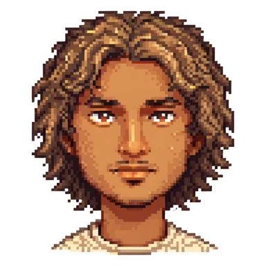 a man with wavy hair, light brown skin, and a small mole on his left cheek, pixel art style sticker