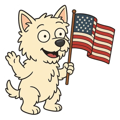 West Highland White Terrier holding and waving an American flag, flat toon cartoon style sticker