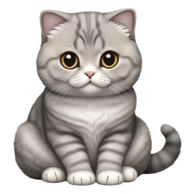 cinematic-[scottish fold cat]-realistic-full-body-sitting-emoji,-tail-curled-playfully-around-its-paws,-head-tilted-dramatically,-fluffy-[grey]-fur,-simplified-yet-realistic-focused-features,-highly-detailed,-glowing-with-an-almost-sarcastic-glow sticker