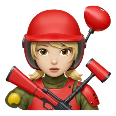 blond girl playing paintball with red paintball helmet, only face sticker