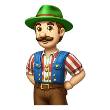 bavarian octoberfest visitor in super mario style. With a green hat, blue and white stripes shirt and brown leather pants.  sticker