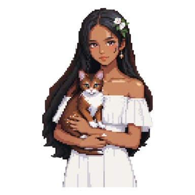 beautiful girl with long black hair wearing a white dress holding an Abyssinian cat with reddish-brown fur in her arms sticker