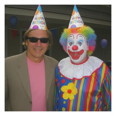 Create an early 2000s digital camera style photograph of a person posing with a clown, both wearing birthday hats. The image should have low quality, washed out colors, slight blur, harsh flash, and a casual party background. The style should reflect the look of an old digital camera photo from the early 2000s. sticker