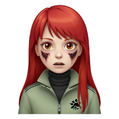 Crie um emoji de uma menina zumbi  com o cabelo vermelho longo com uma franja reta casaco de gola alta da adidas sticker