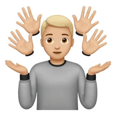 A person with their hand out like shrugging out and one hand holds a 6 one hand holds a 7 sticker