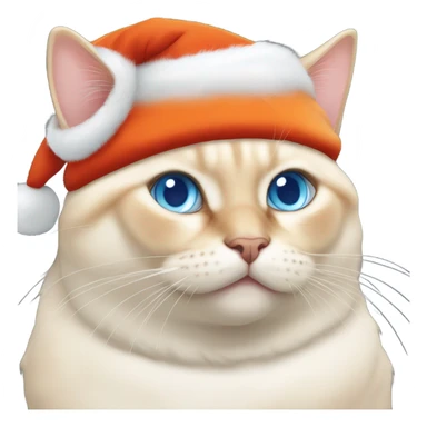 chubby fat, flame point Siamese, short fur, with white fur with orange accents, and blue eyes, smiling, wearing a red santa hat  sticker