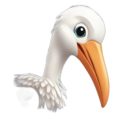  white stork with a long beak. The stork is carrying a bundle of cloth in its beak that has a cute baby human and his face peeking out from it sticker