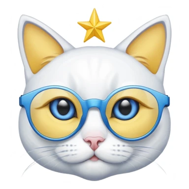 White cat with yellow eyes wearing start glasses that’s blue sticker