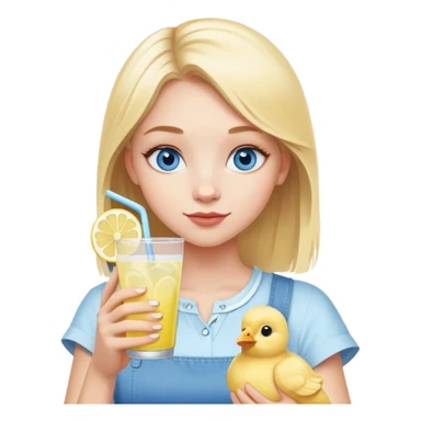 a blonde girl with blue eyes holding a chick-fil-a lemoanade sticker