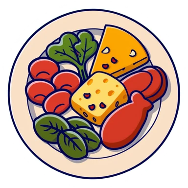 A colorful plate with red meat, chicken, spinach, and cheese arranged together. sticker