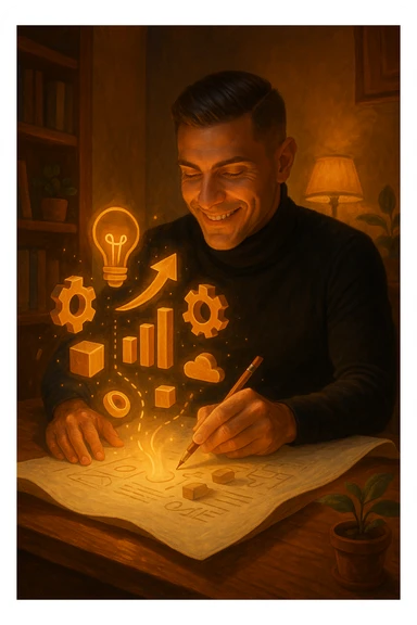 Un uomo concentrato, seduto alla sua scrivania in una stanza con luce calda, sta scrivendo su un enorme foglio di carta che si espande magicamente davanti a lui. Mentre scrive, le parole si trasformano in elementi visivi tridimensionali che rappresentano le soluzioni ai suoi problemi sticker