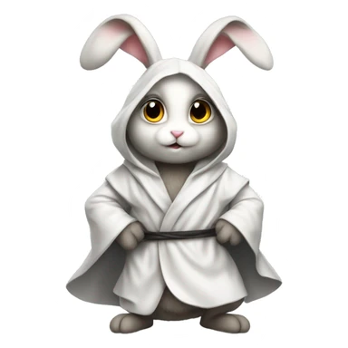A white rabbit, fluffy, sitting on the ground,big eyes. in a metal robe sticker
