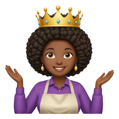 Mujer curvy afro, con vestimenta cómoda y delantal,con una corona sobre su cabeza y sonrisa contagiosa.  sticker