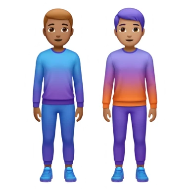 Keep the two male characters realistic, no simplification. Recolor their clothes into the gradient palette (blue, violet, orange), matching the style of the travel emoji pack. White or transparent background. sticker