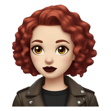 Girl with very pale skin, bright red curly short hair with a side part, black cat-eye makeup, long eyelashes, dark maroon blush and lipstick.  Her eyebrows are dark, arched and very high.  Hazel eyes. Big lips. Thin. Wearing a biker jacket  sticker