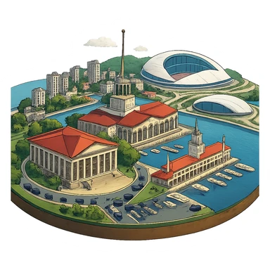 Изометричная, яркая, детализированная и фотореалистичная иллюстрация панорамы города Cочи на круглой подставке в стиле 3D-коллажей городов, ОДНО! здание Морского Порта, ОДИН! Зимний театр, ОДИН! стадион Фишт, море чёткие линии, слегка мультяшная стилистика, прозрачный фон, не обрезать края картинки sticker