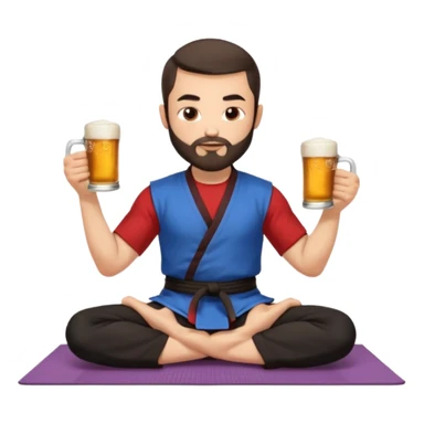slavic guy with dark brown hair and beard, sitting in yoga pose on a mat, kung fu clothes, short dark hair, holding beer mugs in two hands, sitting sticker