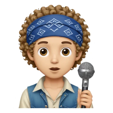 light skin boy with bandana on head and curly hair and HUGE eyes and holding a microphone sticker