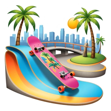 An icon featuring a skateboard resting on a smooth concrete surface. The background shows a sunny skate park with ramps, graffiti walls, and palm trees, creating an urban vibe. The skateboard is designed with vibrant colors and unique graphics. Transparent background  sticker