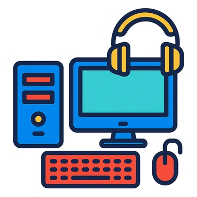 windows desktop pc with keyboard, monitor, mouse, and headphones, color outline icon style sticker