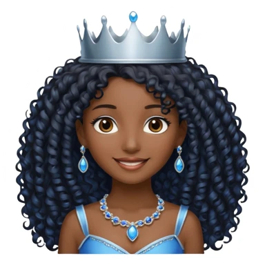 Por favor hazme el emoji de la princesa pero morena con el pelo negro y rizado y largo, los ojos marrones y la corona plateada con jollas azules sticker
