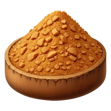coconut sugar pile, fine to medium golden-brown granules, dry sandy texture, matte, irregular and natural, soft caramel tint, no extras, soft lighting, emoji scale sticker