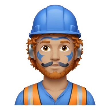 construction worker man ginger curly hair, blue helmet, very heavy dark face tattoo sticker