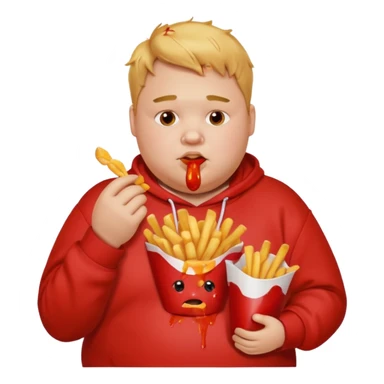 Fat boy, eating fries with ketchup, stains on his face and his sweatshirt sticker
