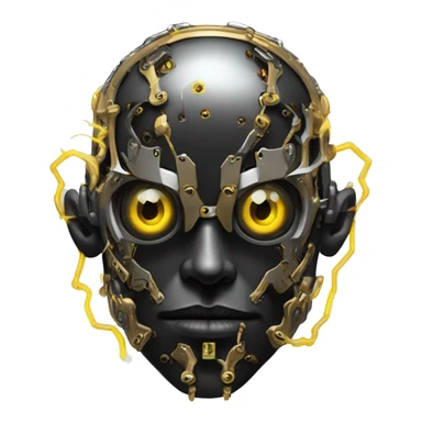 black metal male cyborg head with  one artificial eyeball, circuitry, goatee and dreaded yellow gold hair sticker