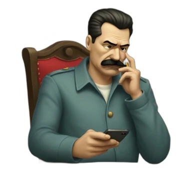 Depressed looking stalin looking at social media on phone and smoking a cigarette sticker