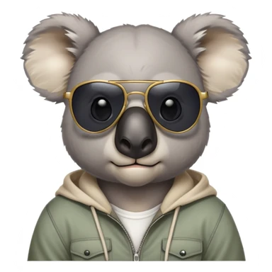 anthropomorphised koala, head and shoulders, casual clothing, dark sunglasses, fierce expression with different look sticker