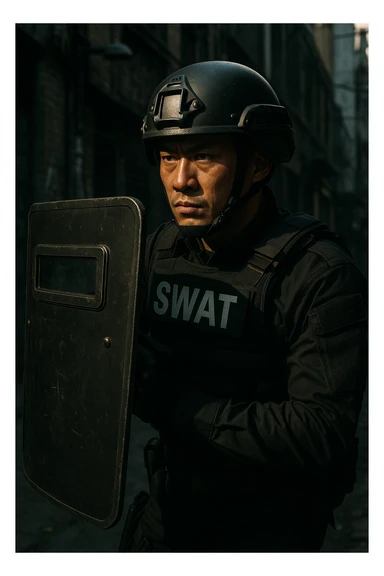 Asian SWAT officer, armored vest, helmet, holding shield, ready for action, gritty atmosphere sticker