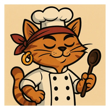 cool cat chef with a big gold earring and a bandana, cartoon style, no text sticker