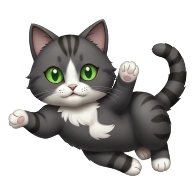 solid dark grey cat with green eyes, white toes/paws and white patch on her chest playfully rolling upside down sticker