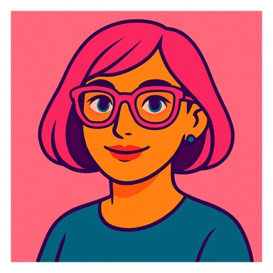 Make her look younger, no fringe on the pink bob haircut, add pink glasses and blue eyes, keep pink salt background, vibrant toon style sticker