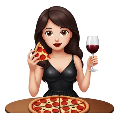 Beautiful woman in 1950’s woman fashion look, black shimmery dress, long dark brown hair, red wine, Pepperoni pizza sticker