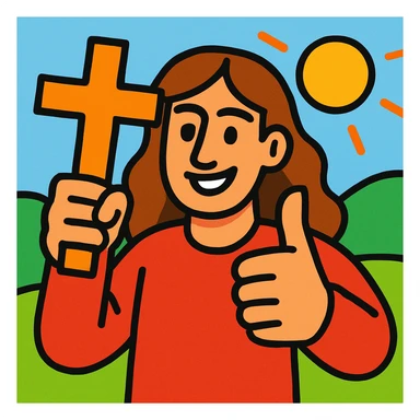 person with long brown hair holding a cross and giving a thumbs up, vibrant cartoon style sticker
