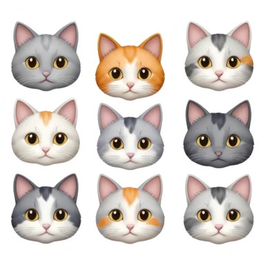 6 realistic looking cats with different natural coloured coats, assorted grey and white, greys, calico colours etc
 sticker