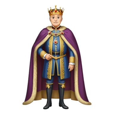 Full body of elderly, thin Carlos I of Spain with brown hair, Habsburg king standing in royal attire with crown, cape, and prominent jaw sticker