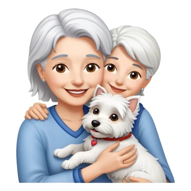one silver-haired 60-ish lady smiling and hugging ONE westie dog sticker