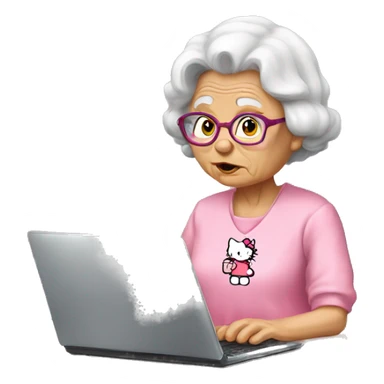 Old lady wearing a hello kitty shirt trying to work a PC sticker