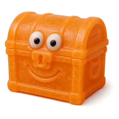 hyper-detailed retro 90's toy style bright orange semi-transparent soft plastic treasure chest with derpy eyes soft reflections soft and squishy some cloudiness not shiny highly detailed appealing no tag no background sticker