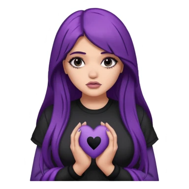 A Kylie Jenner with long purple hair is sad and holds a black heart in her hands sticker