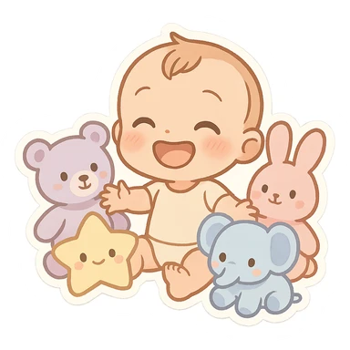 playful emoji showing a seated baby with big smile surrounded by pastel plush toys in various shapes and colors, gentle innocent warm atmosphere, perfect for emoji scale sticker