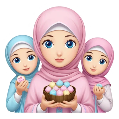 Turkish beautiful finish Konya girl blue eyes with pastel sakura hijab islamic dress and had on her hand text Eid Mubarak with sweets and celebrating with her friends eid days   sticker