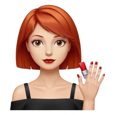 capelli corti di colore rosso, tagliati leggermente sopra le spalle e con una chioma piena e ben curata. Ha la carnagione chiara, il collo sottile Le mani con lo smalto rosso, Ha lo sguardo fiero e sicuro di sé ed una personalità dominante sticker