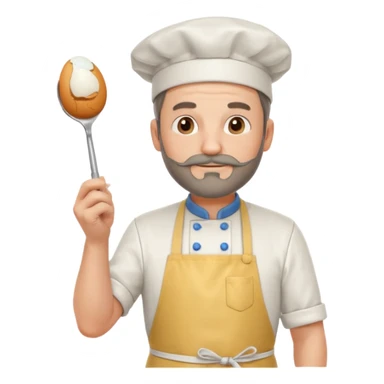 Middle aged male pastry chef - with a small beard, apron, white hat, holding an egg beater in his right hand, and his left hand naturally hanging down to his side sticker