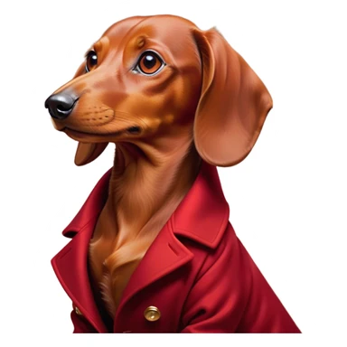 Cinematic Noble Red Dachshund Portrait Emoji, Poised and regal, with a long, low-slung build and a smooth, well-groomed red coat, deep-set soulful brown eyes, Simplified yet sharp and sophisticated features, highly detailed, glowing with a soft, dignified glow, high shine, intelligent and determined, stylized with an air of charm, focused and attentive, soft glowing outline, capturing the essence of a watchful and confident companion, so majestic it feels as though it could slide out of the screen with effortless authority! sticker